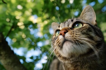 A curious tabby cat gazes upward, framed by lush green foliage.