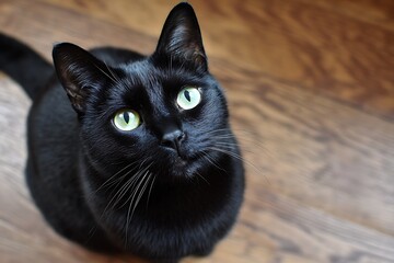 A sleek black cat with striking green eyes looks up, indoors.