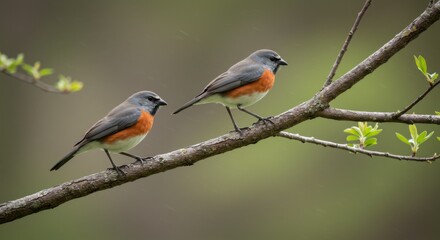Fototapeta premium Two Small Birds Perched on Branch in Springtime Woodland