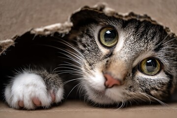 Close-up of a tabby cat peeking out from crumpled paper.