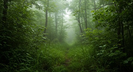 Obraz premium Misty Green Forest Path