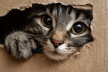 Curious tabby cat peeks through a hole in a cardboard box, observing.