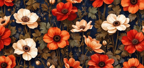 Vibrant seamless pattern featuring elegant red, orange, cream anemone flowers with dark green foliage. Artistic illustration bold blooms, delicate leaves against deep navy background, suitable for