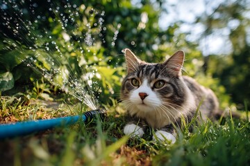 A fluffy tabby cat relaxes in a garden, enjoying water spray.