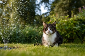 A tabby cat sits in a sunny garden, observing water spraying.