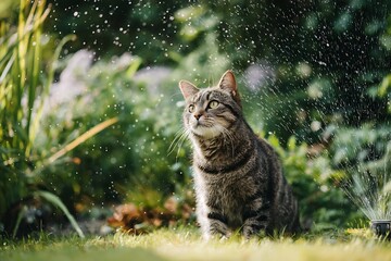 A tabby cat sits in a garden, gazing upwards with water droplets around.