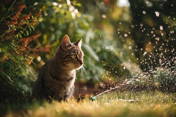 A tabby cat sits in a garden near a sprinkler, watching the water spray on a sunny day.