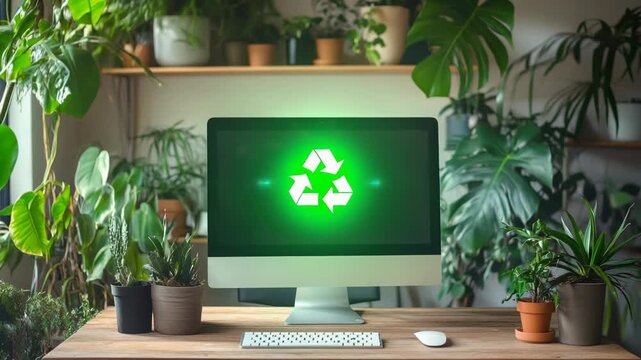 An ecofriendly workspace incorporates computers along various green elements such recycling plants contribute positively to the environment, fostering an inspiring, productive, and healthy atmosphere
