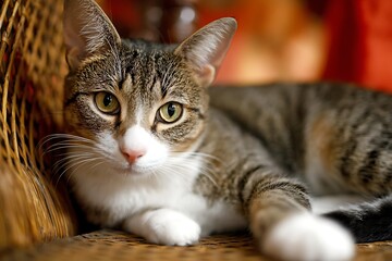 A tabby cat with white markings rests on a wicker chair, looking directly at the viewer.