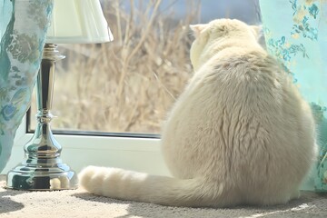 A white cat sits on a windowsill, gazing out at a blurred landscape through a window beside a lamp and curtains.