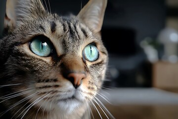 Close-up of a tabby cat with striking turquoise eyes, looking intently to the side.