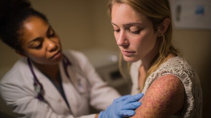 Clinical setting with healthcare worker examining widespread skin discoloration from hemorrhagic complications during overdose.