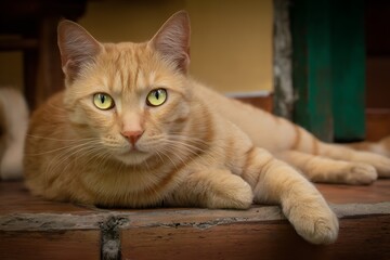 A ginger cat resting on a brick surface, its gaze directed at the viewer.