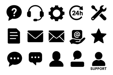 Solid support icons set with headset, envelope, chat, gear, star, user, document, tools