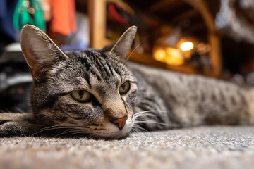 Close-up of a tabby cat resting on a textured floor.