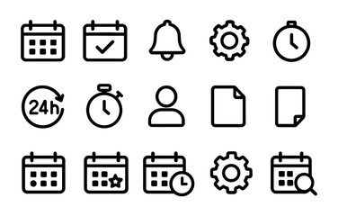 Outline icons set: calendar, checkmark, bell, gear, stopwatch, user, document, 24h, search