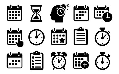 Set of black calendar, schedule, reminder, checklist, clock icons isolated on white background