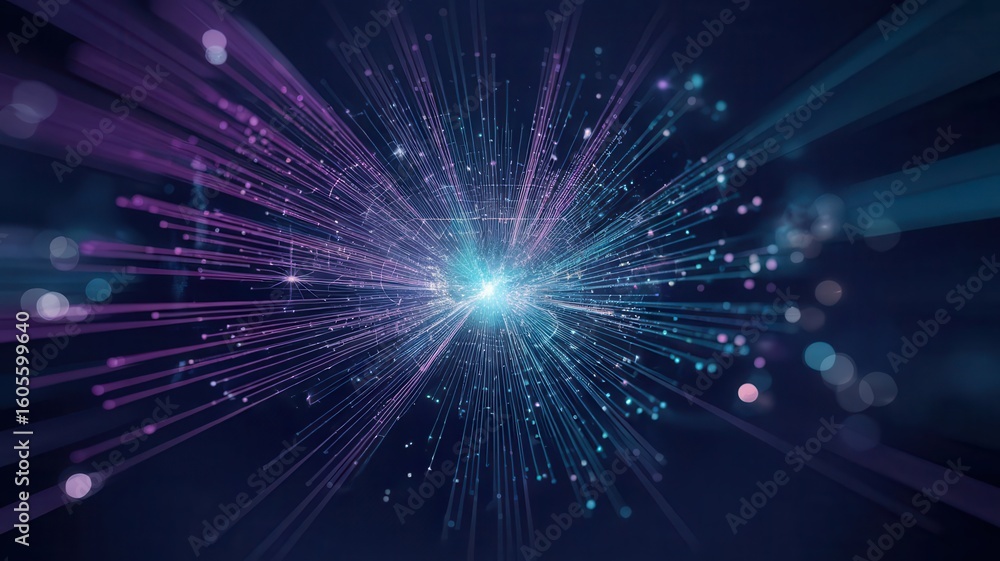 Fototapete technological convergence with futuristic data streams emanating from a central point