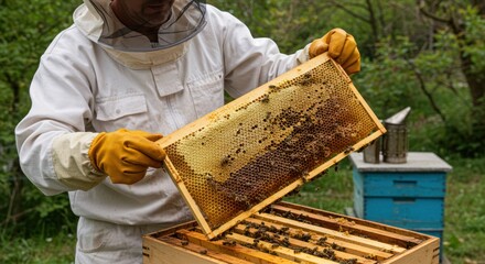 Beekeeper carefully examines a frame of honeycomb covered in bees during daylight hours.