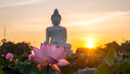 Buddha statue at sunrise, lotus flower