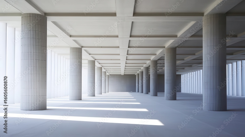 Poster interior with rhythmic columns, modern architecture and sunlight patterns