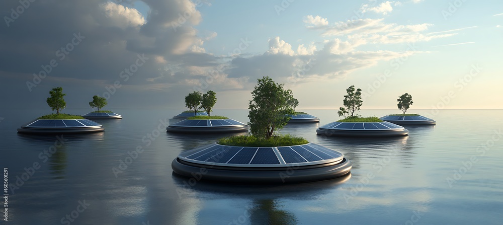 Poster solar powered floating islands with trees on a calm sea under a cloudy sky in a futuristic concept