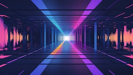 Glowing neon light tunnel in a futuristic data center, a vibrant digital corridor leading towards a bright vanishing point.