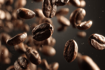 Fototapeta premium Bean Coffee Beans in Mid-Air: Dark, Moody Macro Shot