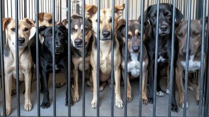 Dogs are behind metal bars, looking out with expressions of hope or expectation for their future. This  captures the essence of shelter life and the plight of stray or abandoned pets.