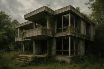 Abandoned modernist house with geometric concrete architecture and overgrown vegetation