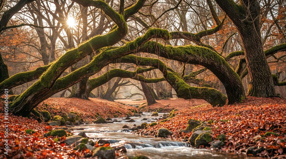 Poster sunbeams pierce through moss-covered branches in a forest, illuminating a stream flowing over rocks 