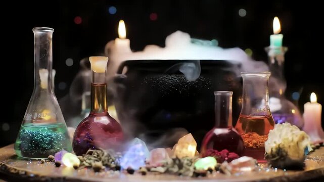 Smoking Cauldron and Colorful Potions with Crystals and Candles for Fantasy or Halloween