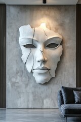 Shattered white mask sculpture displayed in a contemporary living space with modern decor
