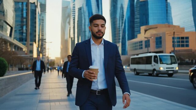 Young businessman walks confidently with coffee through modern city street during busy morning commute, surrounded by glass skyscrapers and diverse professionals - Powered by Adobe