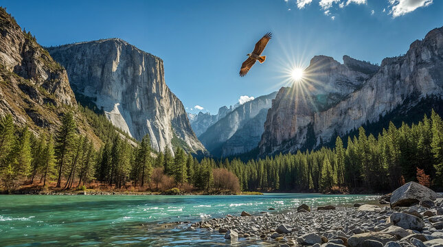 Majestic Yosemite Valley, with El Capitan on the left and the sun shining brightly, casting rays over the granite cliffs and a soaring eagle above the Merced River.
