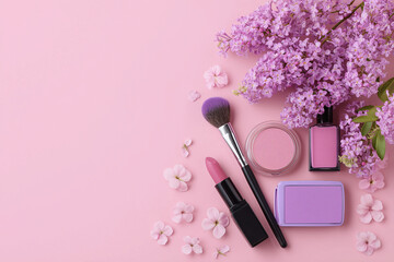 Feminine Beauty Products with Lilac Flowers on Pink