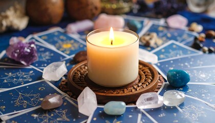 Burning candle surrounded by crystals and tarot cards