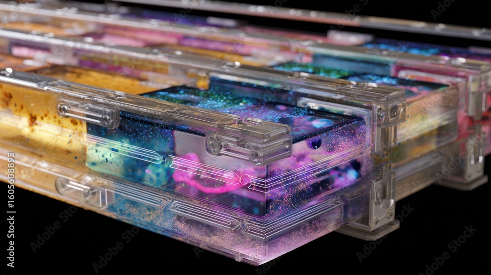 Poster multiple layers of cell culture platforms, filled with colorful cell cultures, thrive within a modul