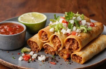 Delicious homemade chicken flautas, popular Mexican dish served with fresh salsa, lime wedge. Rolled tacos, generously filled with seasoned chicken, offer crispy texture, savory flavor. Topped with