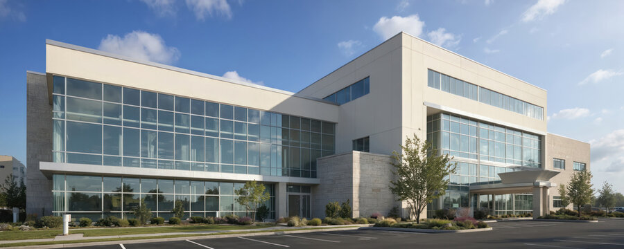 Modern medical building with glass facade under clear blue sky. Architectural design highlights professional healthcare environment. Features include welcoming entrance, driveway, manicured lawn with