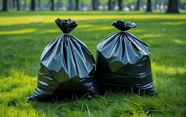 Plastic bags full of garbage in the park