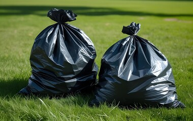 Plastic bags full of garbage in the park