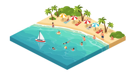 Adobe Illustrator artwork 3D isometric view of a tropical beach scene with people swimming, sunbathing under umbrellas, and a sailboat on the turquoise water. Ideal for summer vacation themes © meeblues