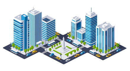 Adobe Illustrator artwork 3D isometric view of a city intersection with skyscrapers, trees, a monument, cars, and buses. Ideal for urban planning and transportation themes