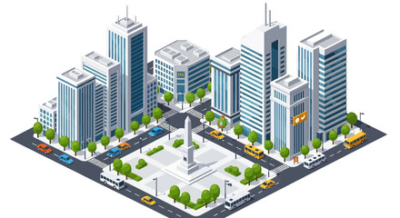 Adobe Illustrator artwork 3D isometric view of a city intersection with skyscrapers, trees, a monument, cars, and buses. Ideal for urban planning and transportation themes