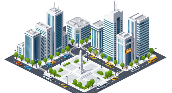 Adobe Illustrator artwork 3D isometric view of a city intersection with skyscrapers, trees, a monument, cars, and buses. Ideal for urban planning and transportation themes