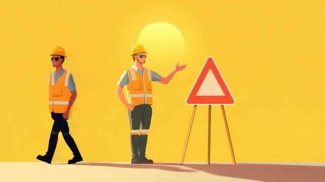 Construction worker in high visibility gear directing traffic at a road construction site.