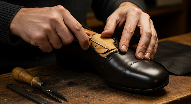 Close-up of a shoemaker's hands carefully working on a black leather shoe with a tool, crafting and repairing footwear.