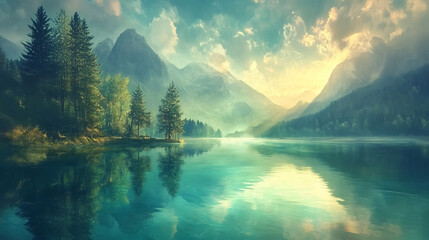 A picturesque lake scene in Germany, with mountains reflected in the teal water, illuminated by the morning sun.