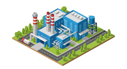 Adobe Illustrator artwork 3D isometric view of a blue and white industrial factory complex with striped chimneys, a water tower, delivery truck, and surrounding greenery. Ideal for manufacturing 